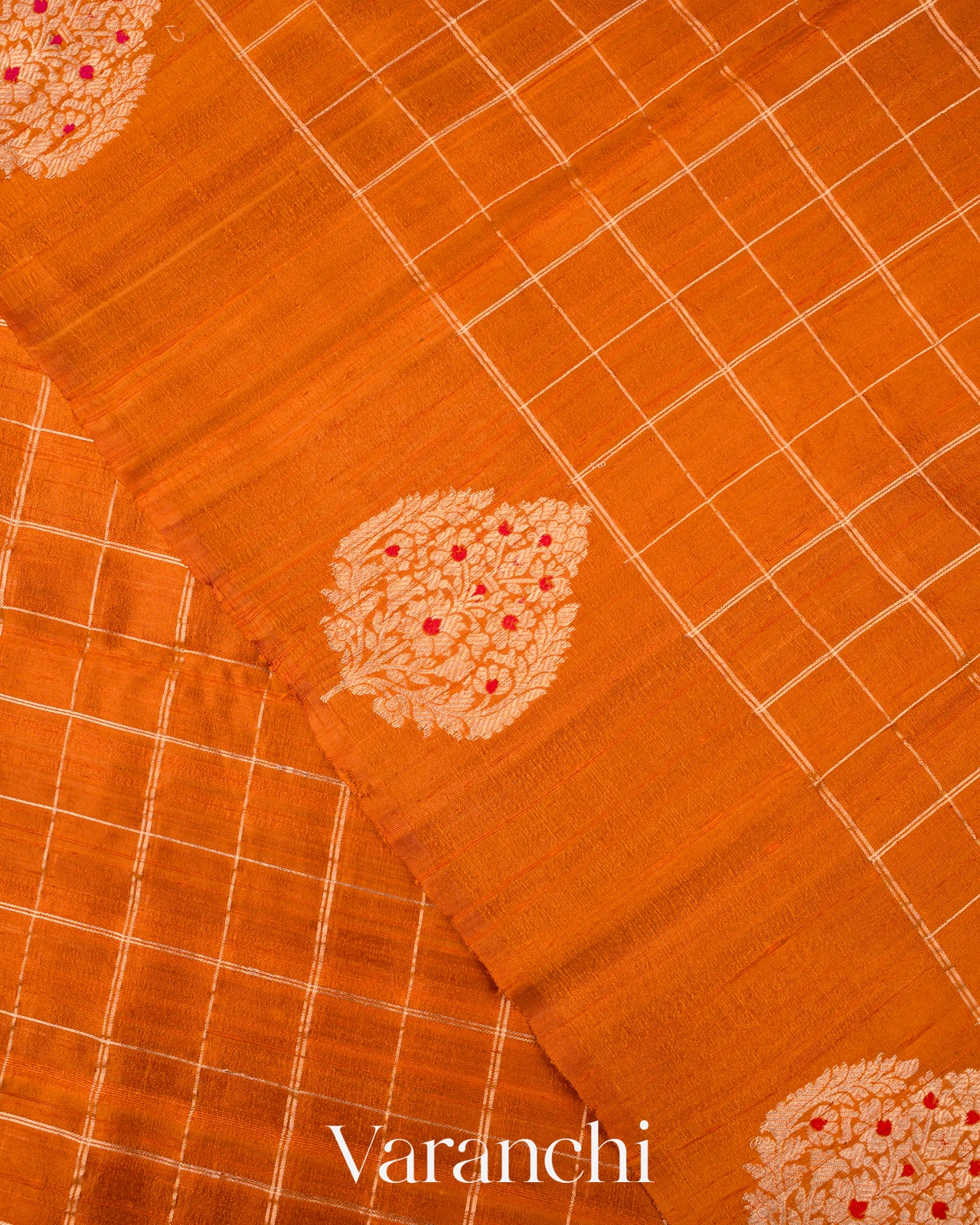 Burnt Orange Checks Pure Raw Silk Handloom Saree