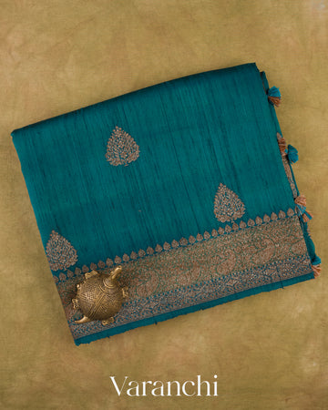 Deep Peacock Blue Shibori Pure Raw Silk Handloom Saree
