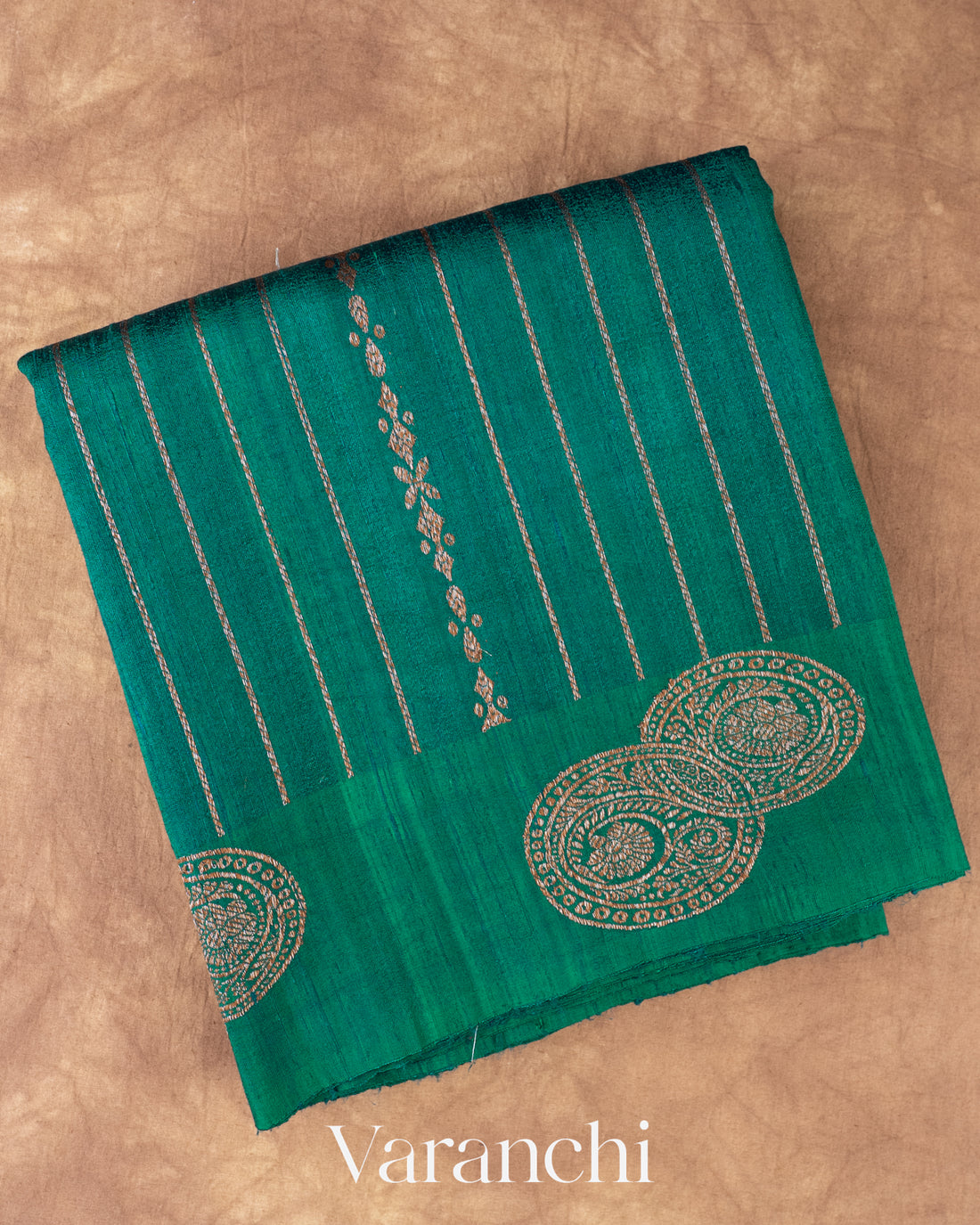 Peacock Green Striped Pure Raw Silk Handloom Saree