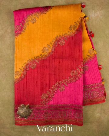 Red and Yellow Tricolour Rangkaat Pure Raw Silk Handloom Saree