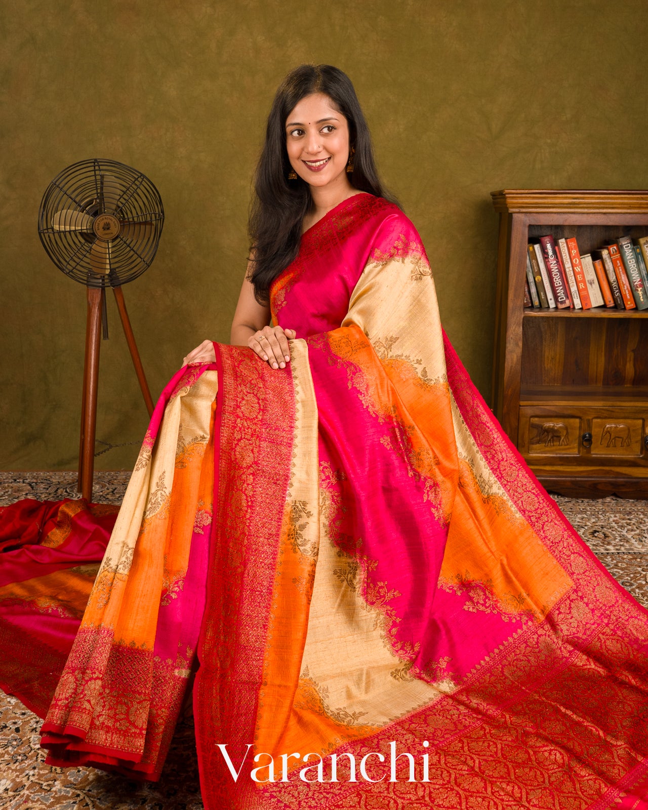 Sand Beige Tricolour Rangkaat Pure Raw Silk Handloom Saree