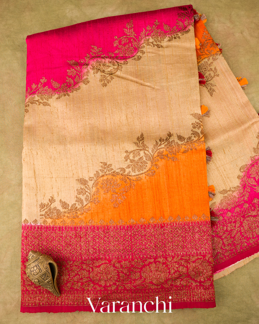 Sand Beige Tricolour Rangkaat Pure Raw Silk Handloom Saree