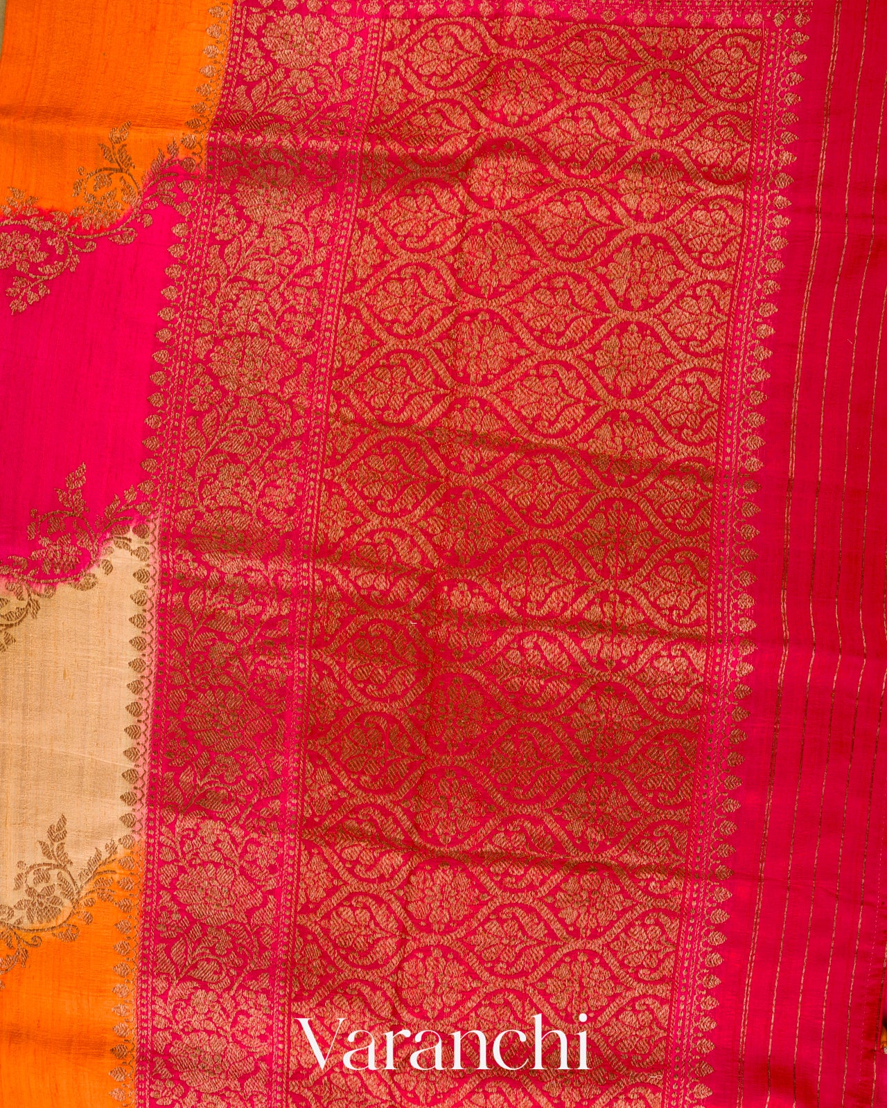 Sand Beige Tricolour Rangkaat Pure Raw Silk Handloom Saree