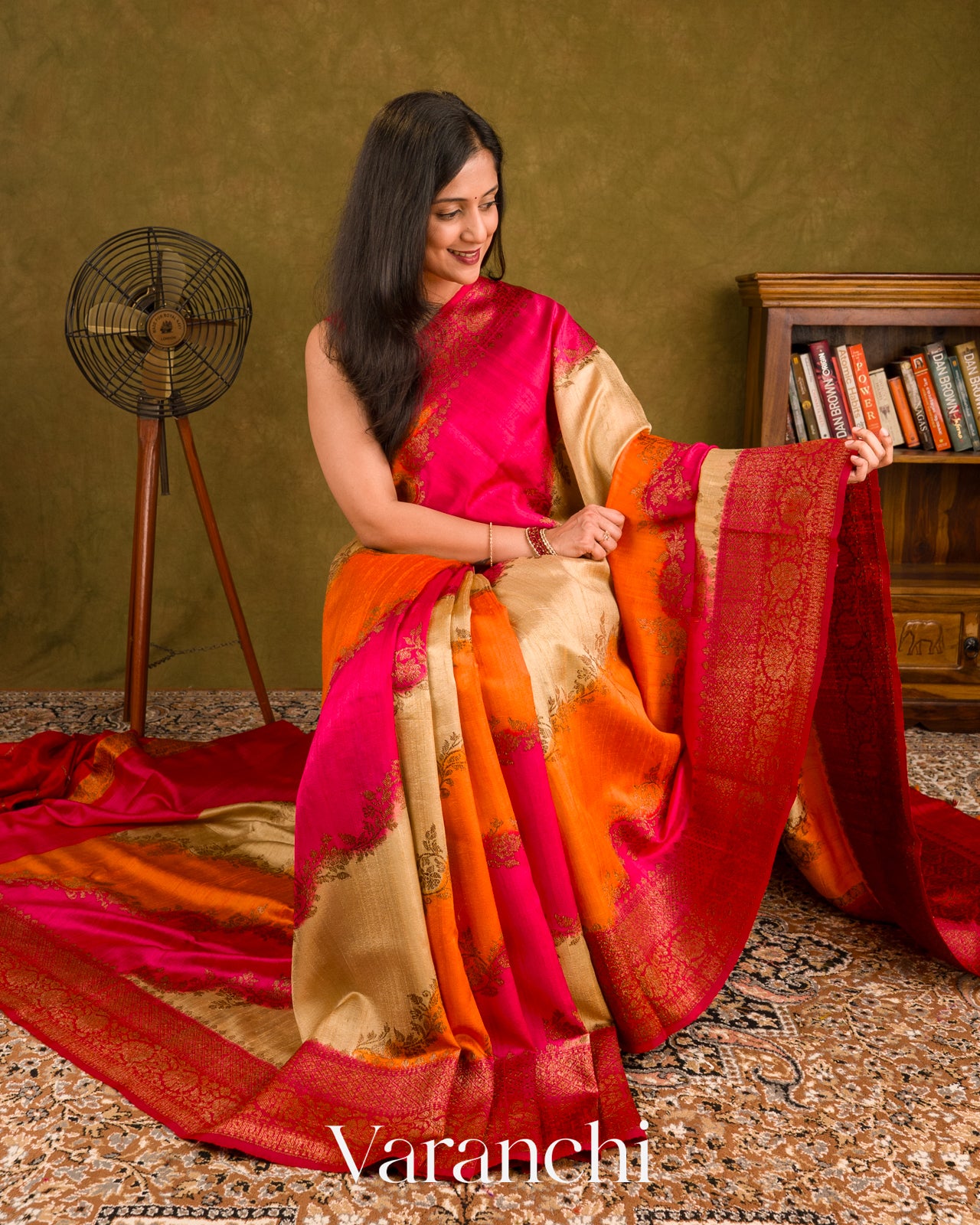 Sand Beige Tricolour Rangkaat Pure Raw Silk Handloom Saree