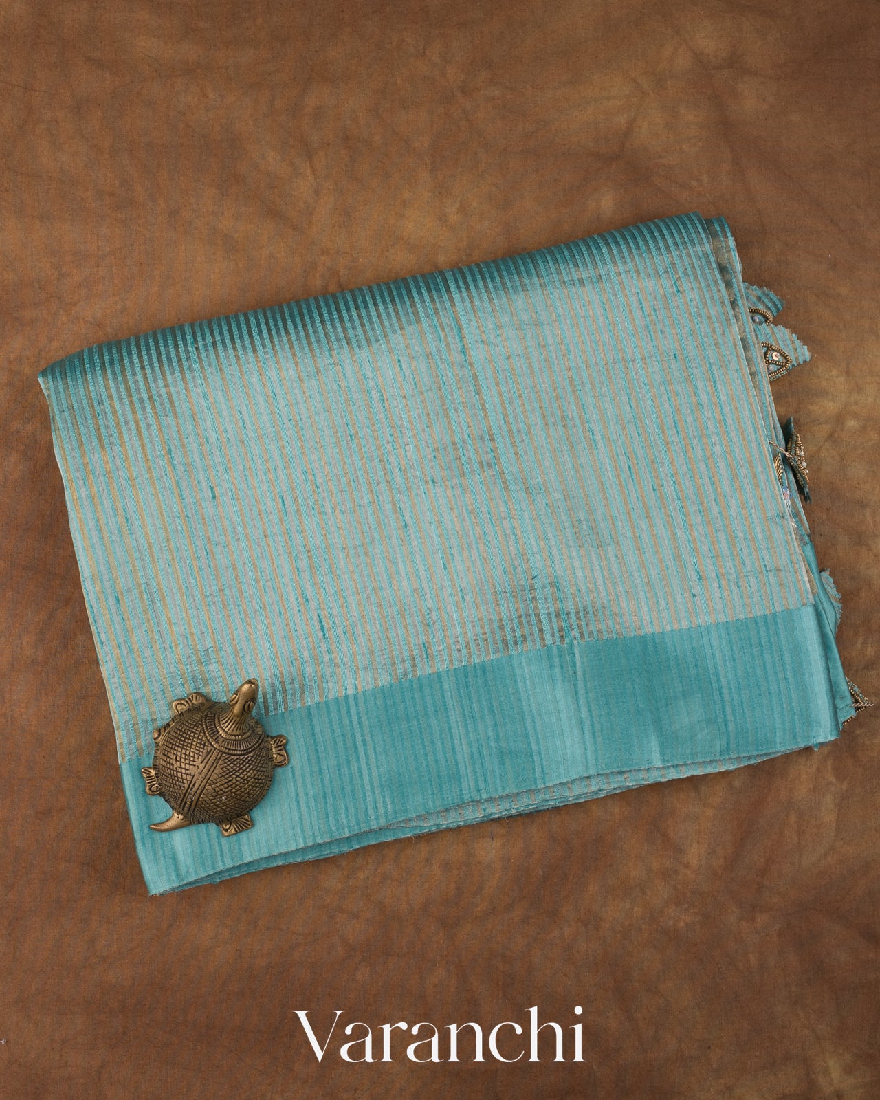 Powder Blue with Tissue Stripes Pure Raw Silk Handloom Saree
