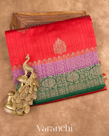 Red Pure Raw Silk Handloom Saree