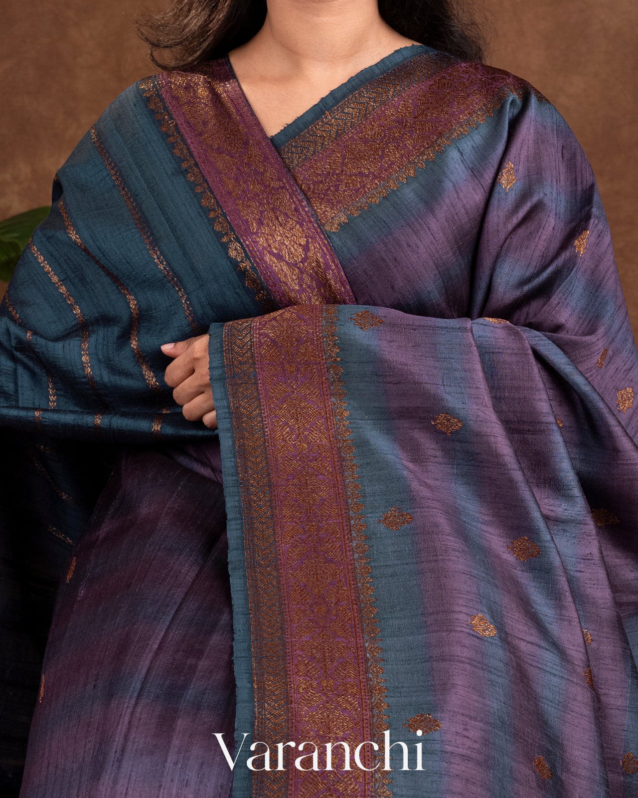 Purple And Blue Shibori Pure Raw Silk Handloom Saree