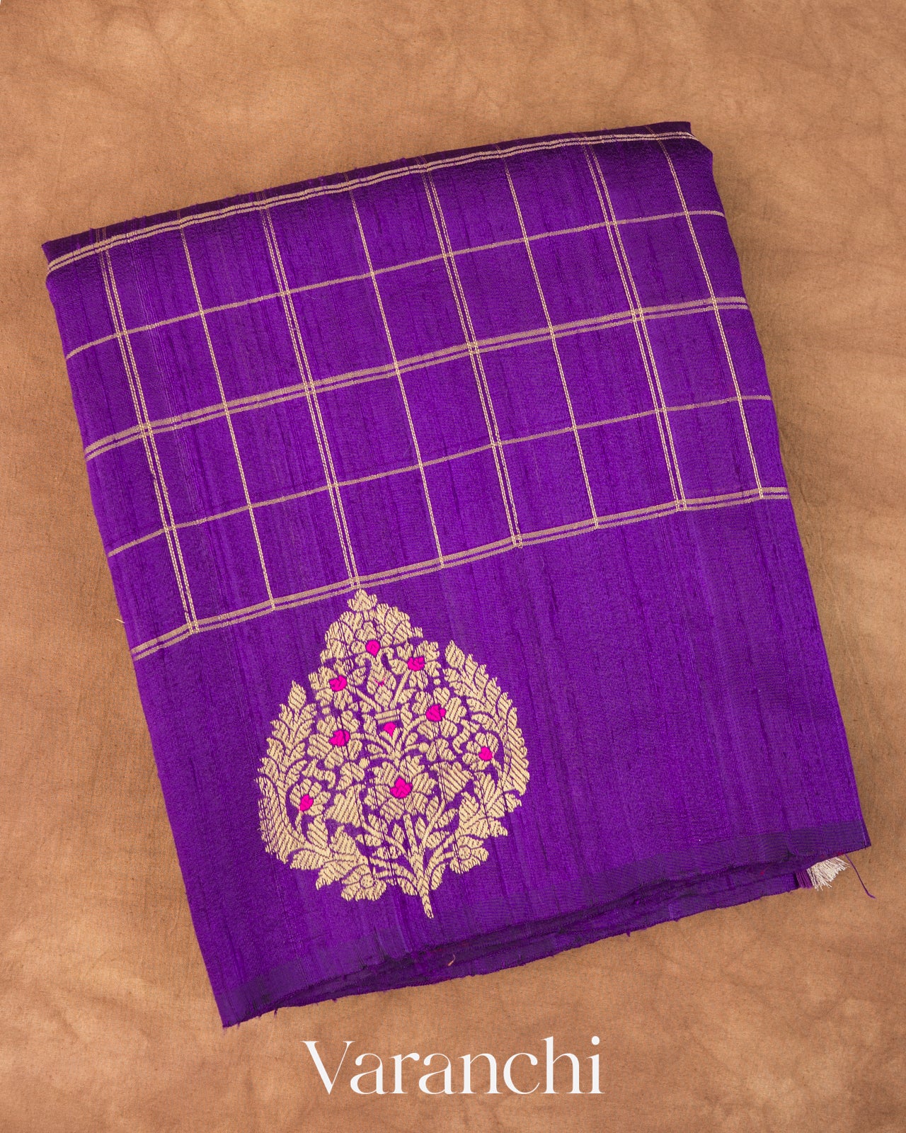 Royal Purple Checks Raw Silk Handloom Saree 