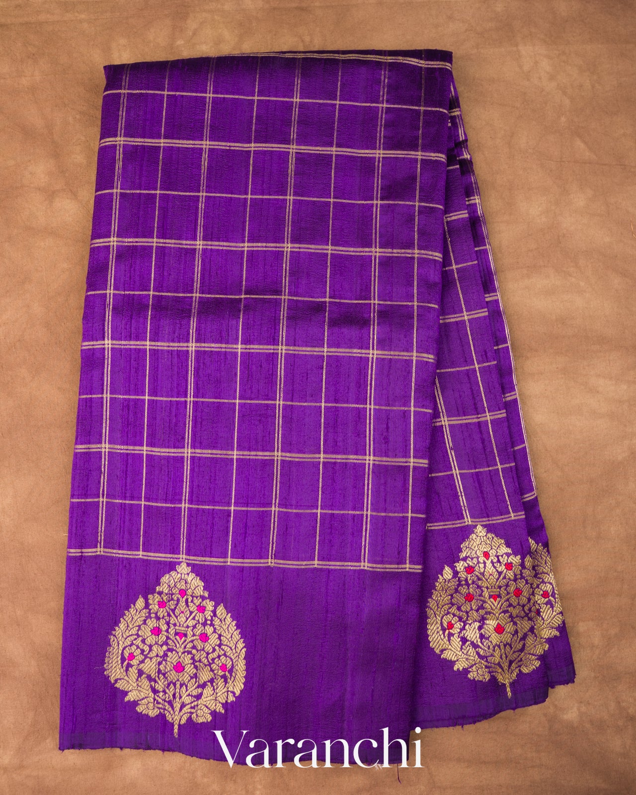 Royal Purple Checks Raw Silk Handloom Saree 