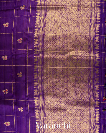 Royal Purple Checks Raw Silk Handloom Saree