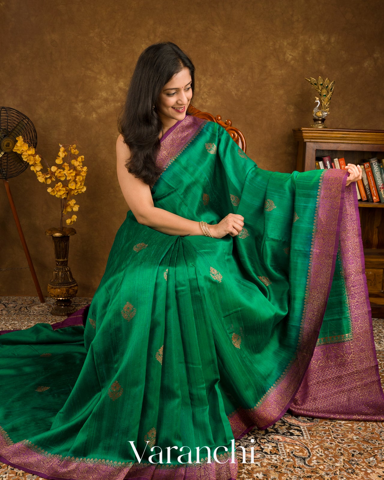 Rama Green Pure Raw Silk Handloom Saree