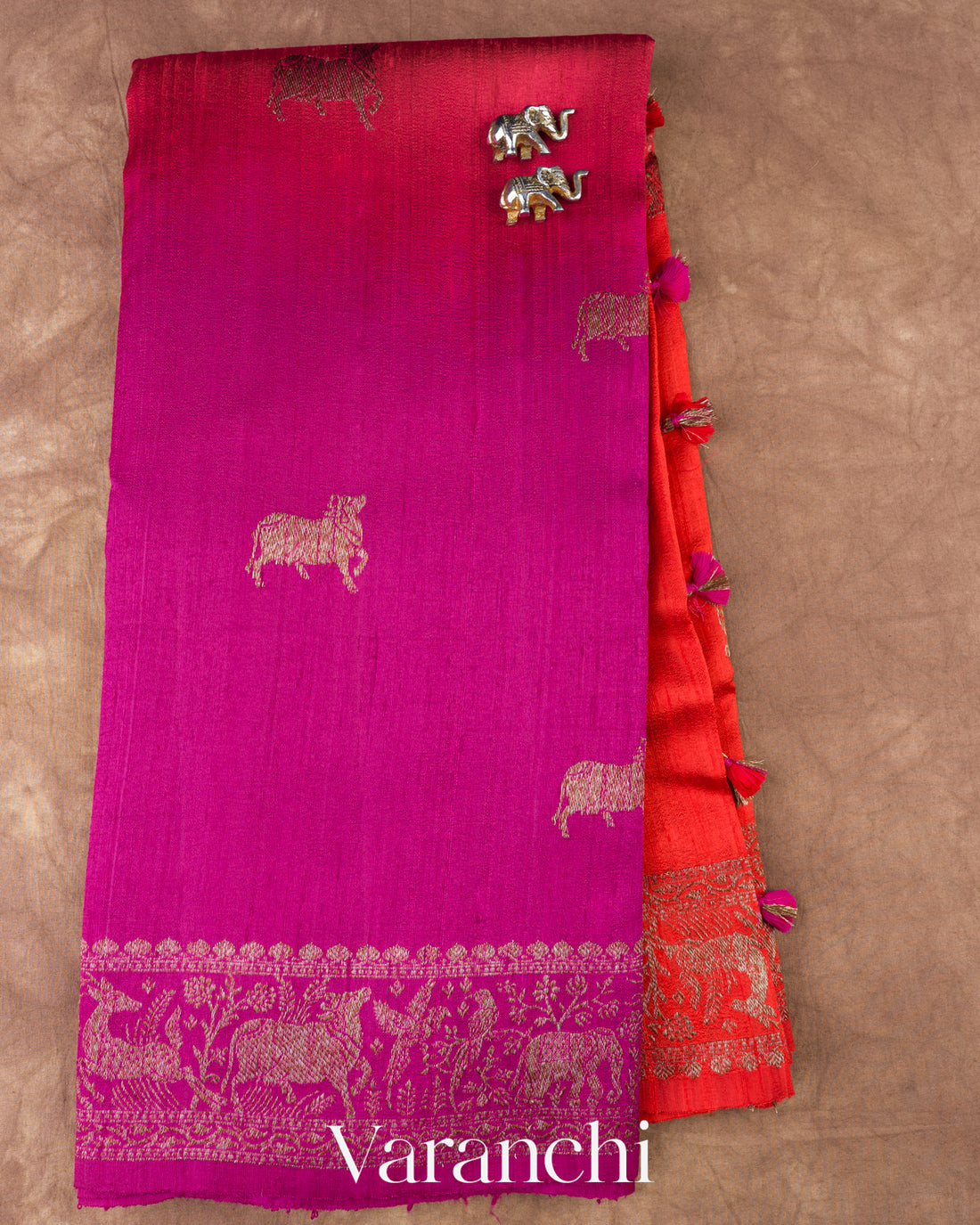 Chilli Red And Rani Pink Ombre-Dyed Pure Raw Silk Handloom Saree