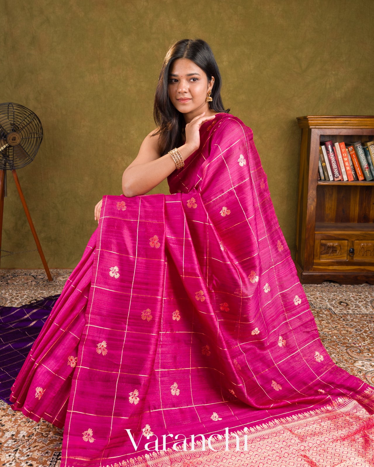 Rani Pink Checks Raw Silk Handloom Saree