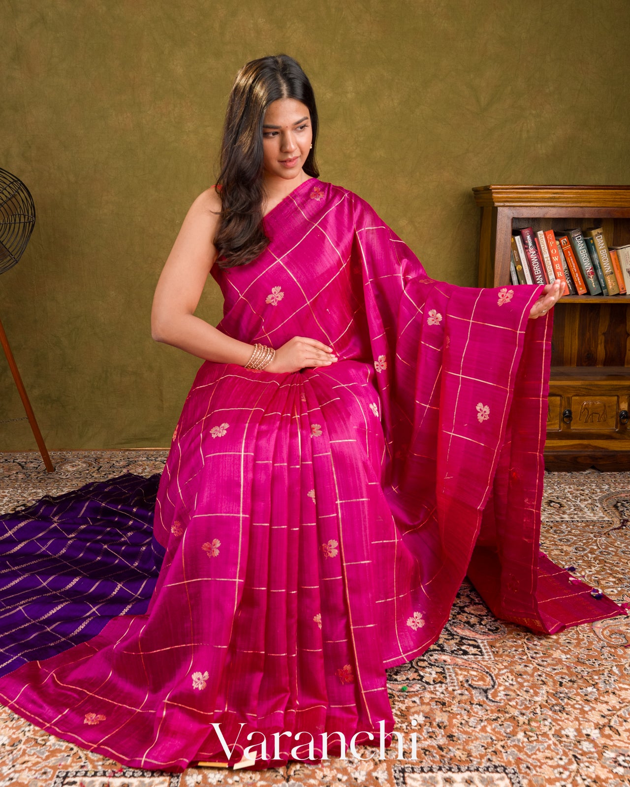 Rani Pink Checks Raw Silk Handloom Saree