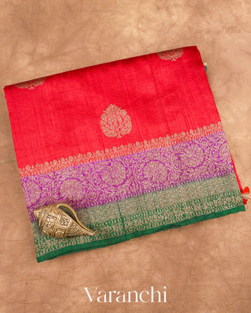 Bright Red Pure Raw Silk Handloom Saree