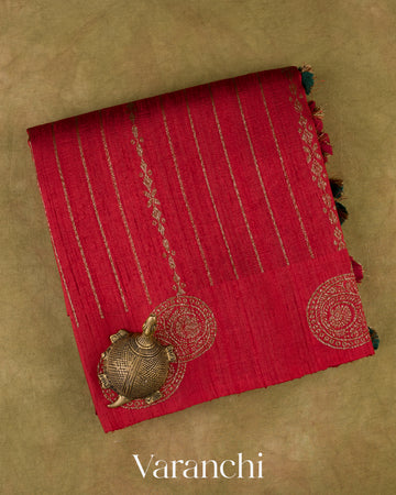 Deep Red Striped Pure Raw Silk Handloom Saree