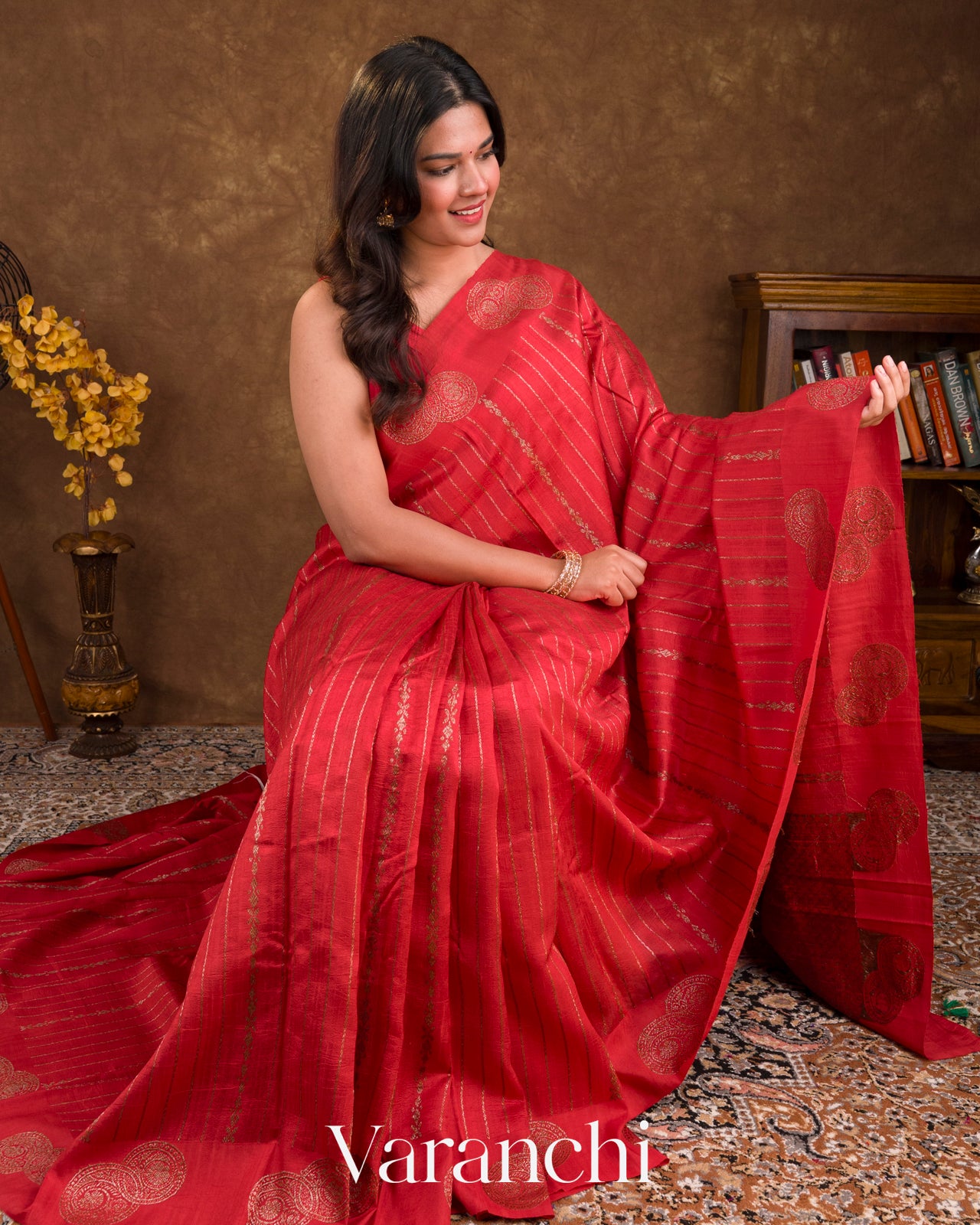 Bright Red Pure Raw Silk Handloom Saree