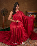 Crimson Red  Borderless Striped Pure Raw Silk Handloom Saree