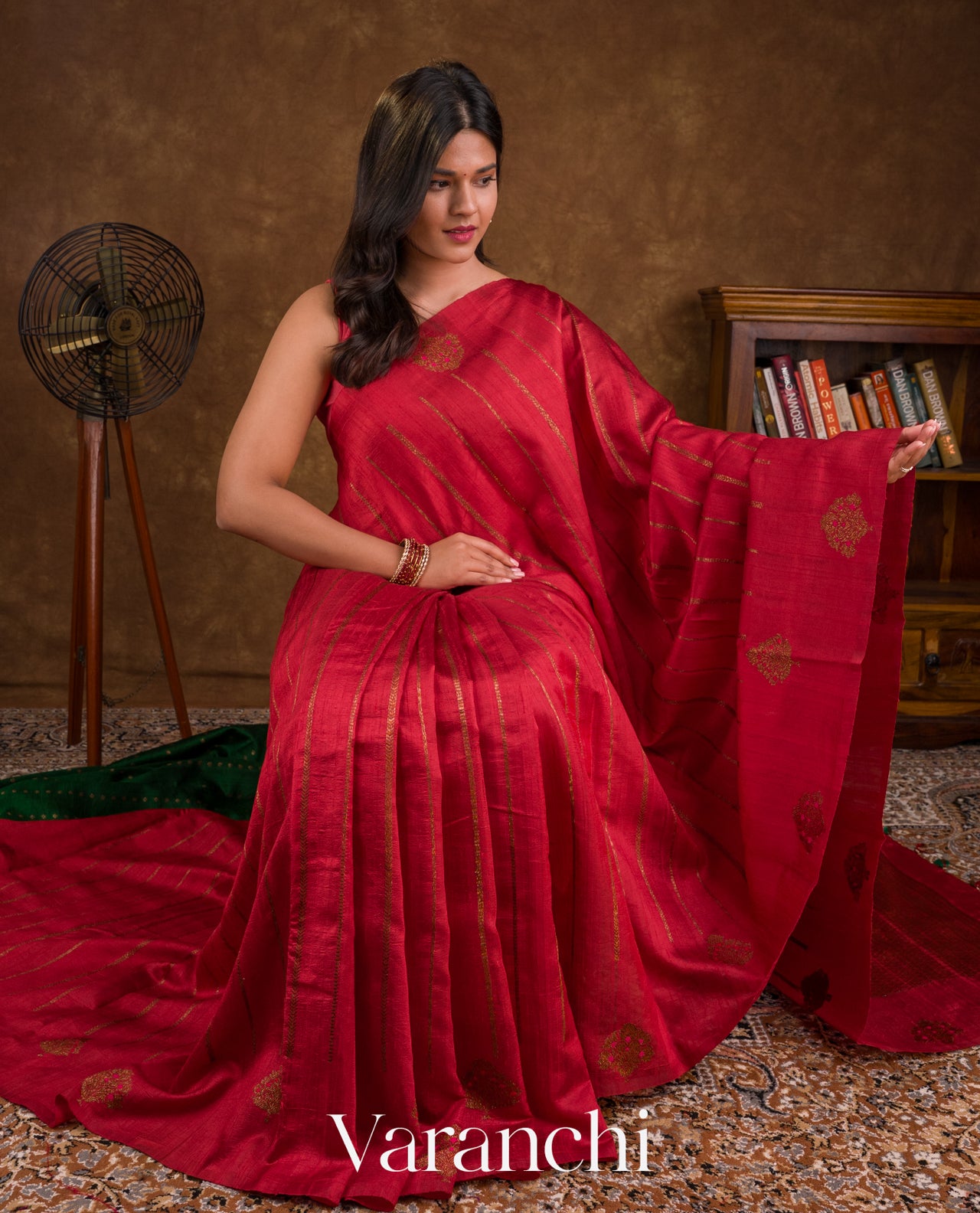 Crimson Red  Borderless Striped Pure Raw Silk Handloom Saree