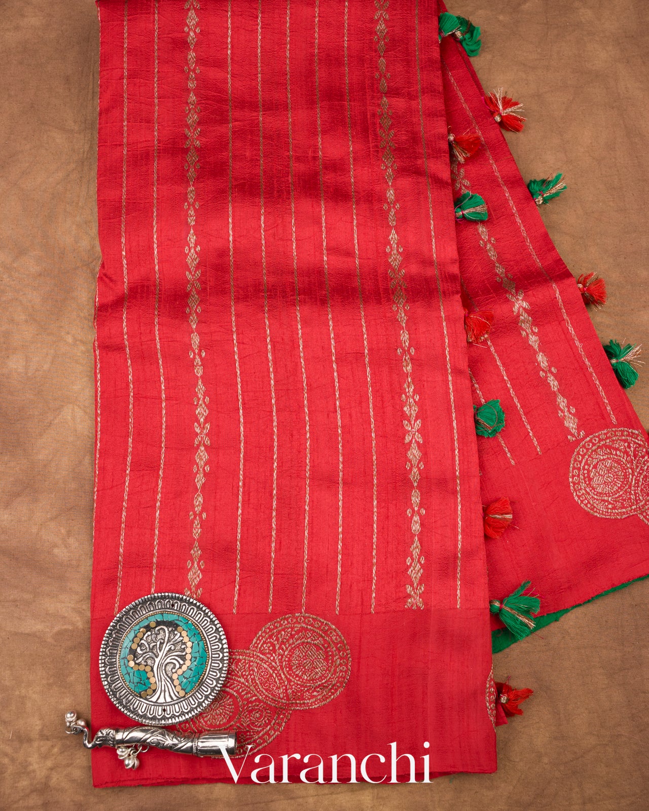 Bright Red Pure Raw Silk Handloom Saree