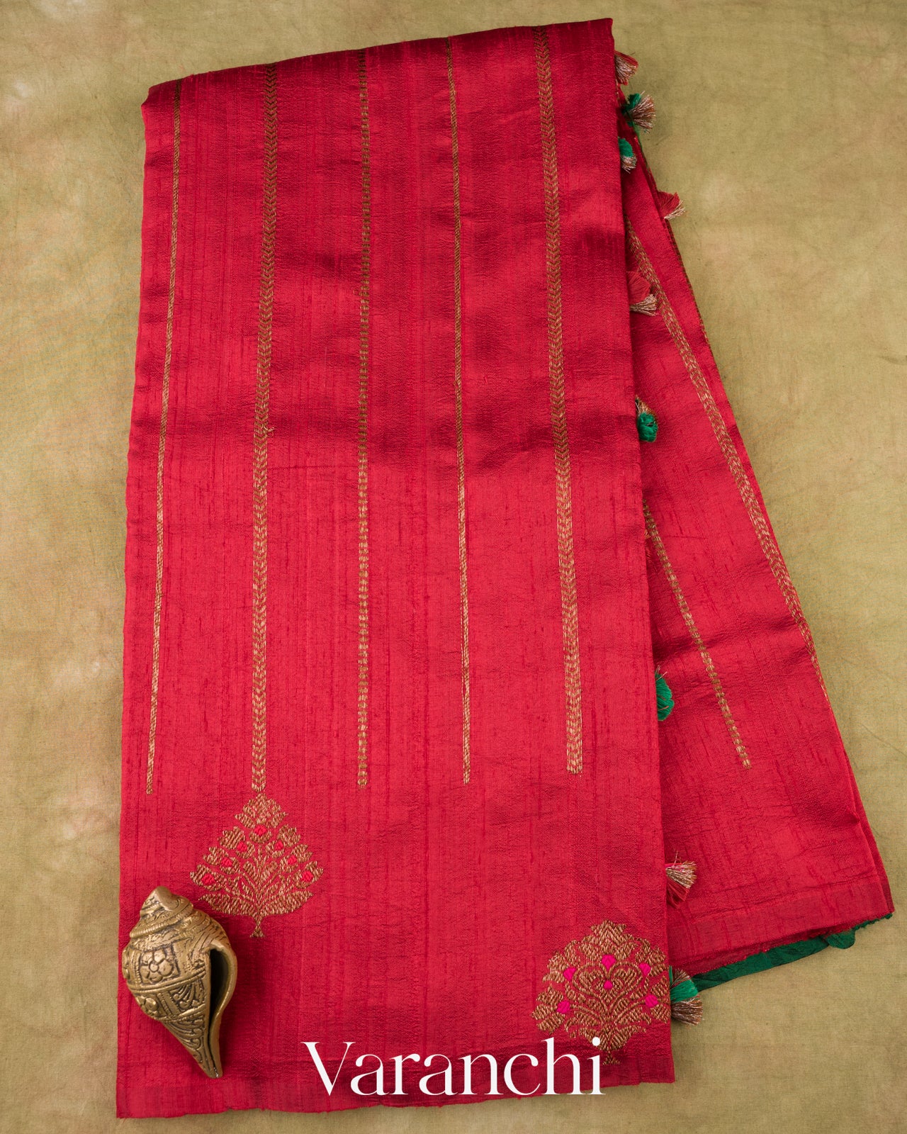 Crimson Red  Borderless Striped Pure Raw Silk Handloom Saree