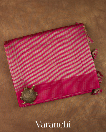 Deep Crimson Red with Tissue Stripes Pure Raw Silk Handloom Saree 