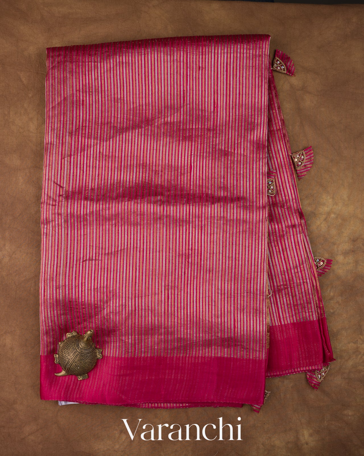 Deep Crimson Red with Tissue Stripes Pure Raw Silk Handloom Saree 