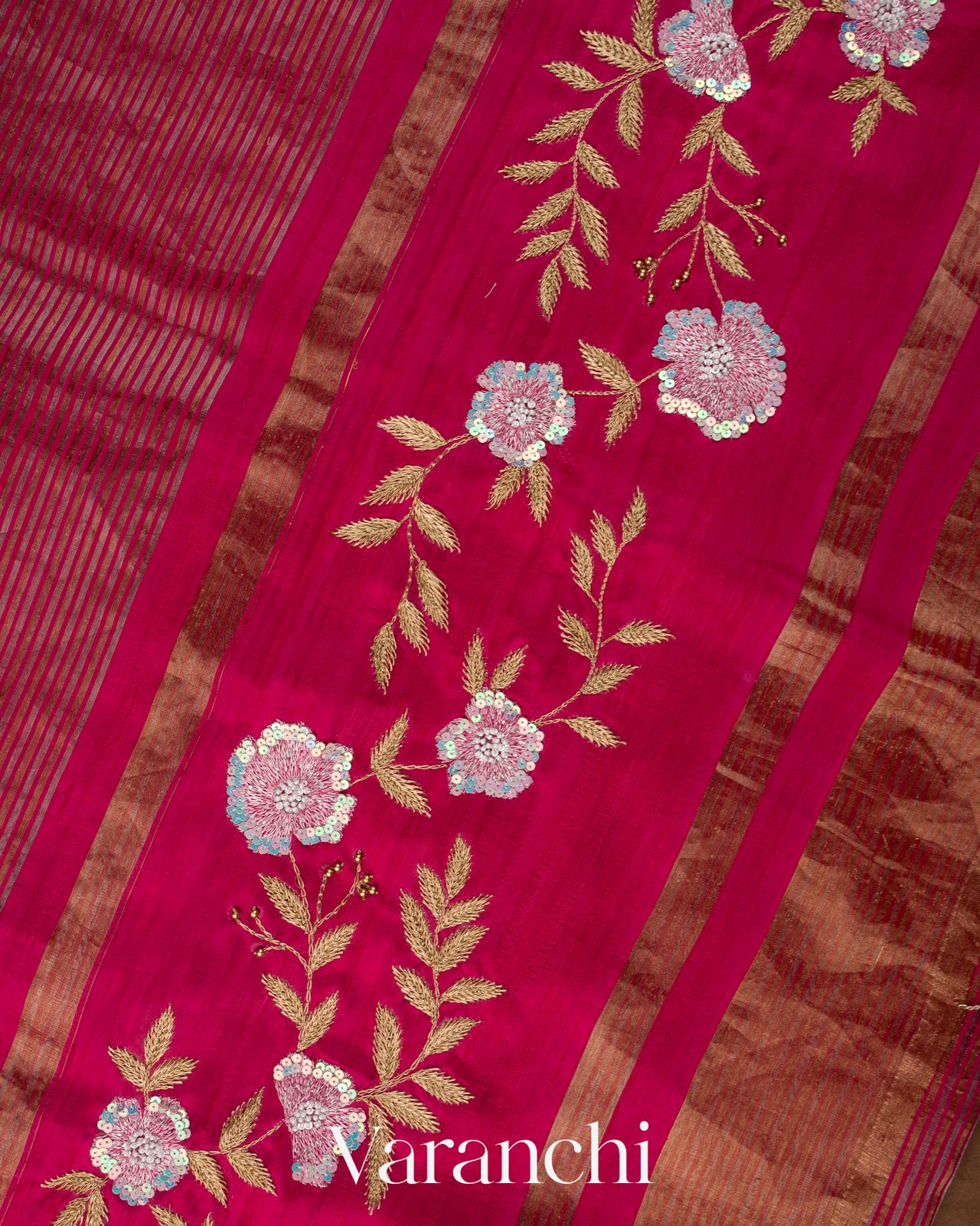 Deep Crimson Red with Tissue Stripes Pure Raw Silk Handloom Saree 