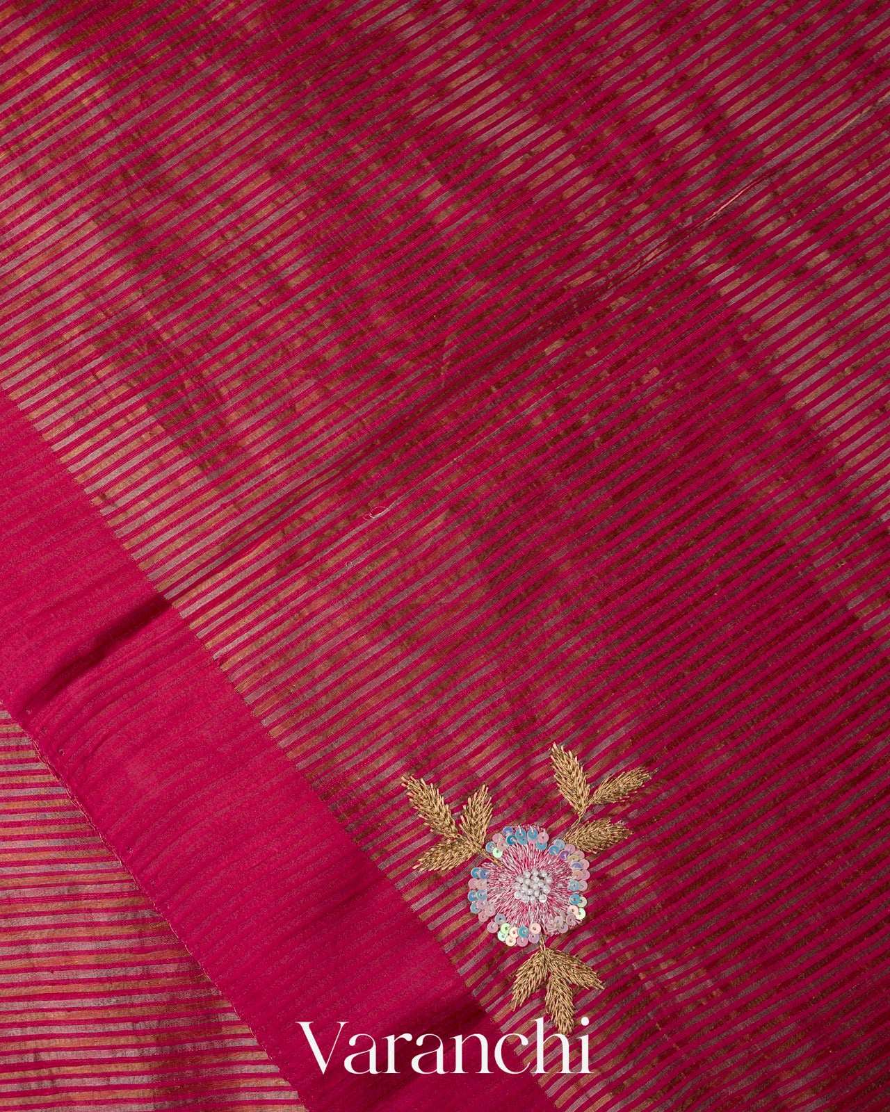 Deep Crimson Red with Tissue Stripes Pure Raw Silk Handloom Saree 
