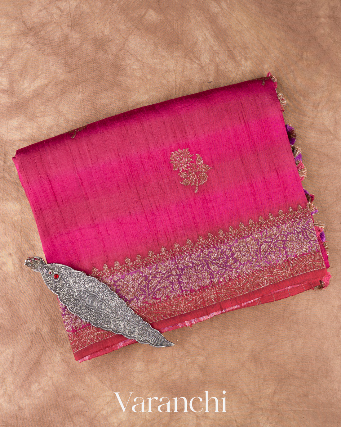 Rani Pink And Rose Pink Ombre-Dyed Raw Silk Handloom Saree