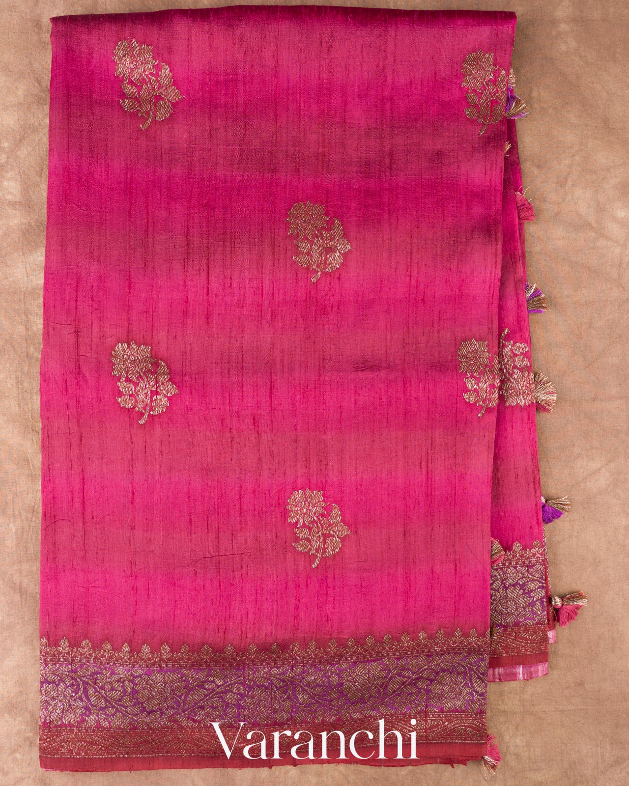Rani Pink And Rose Pink Ombre-Dyed Raw Silk Handloom Saree