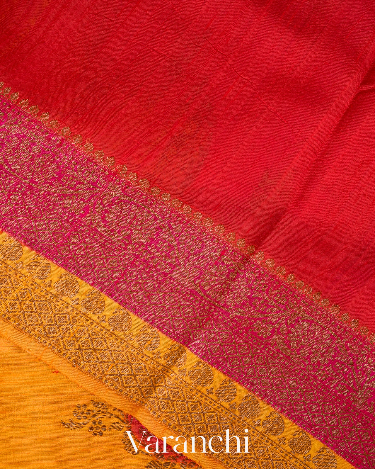 Red Tricolour Rangkaat Raw Silk Handloom Saree