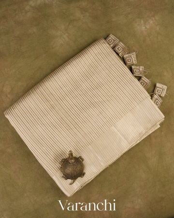 Pearl White with Tissue Stripes Pure Raw Silk Handloom Saree