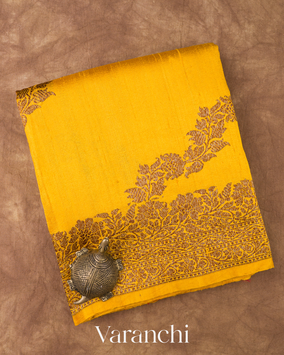 Turmeric Yellow Lehariya Pure Raw Silk Handloom Saree