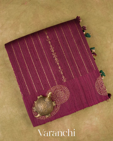 Wine Striped Pure Raw Silk Handloom Saree