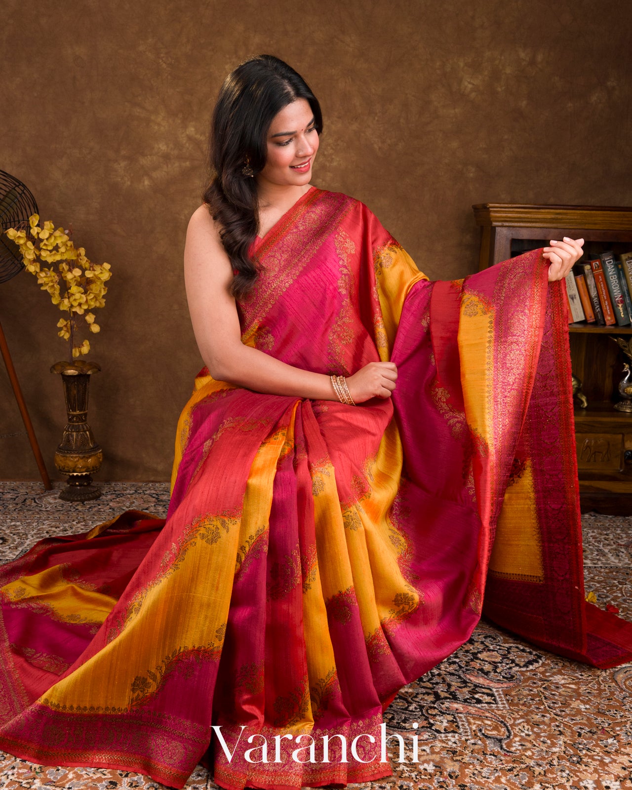 Chilli Red And Magenta Tricolour Rangkaat Pure Raw Silk Handloom Saree