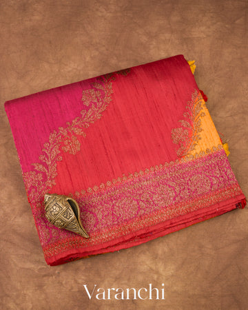 Chilli Red And Magenta Tricolour Rangkaat Pure Raw Silk Handloom Saree