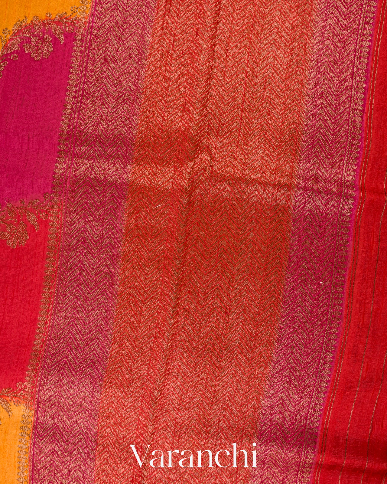Chilli Red And Magenta Tricolour Rangkaat Pure Raw Silk Handloom Saree 