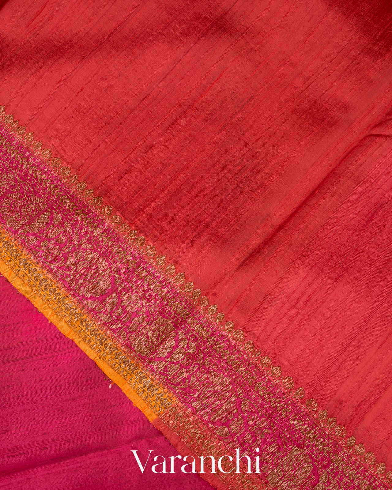 Chilli Red And Magenta Tricolour Rangkaat Pure Raw Silk Handloom Saree