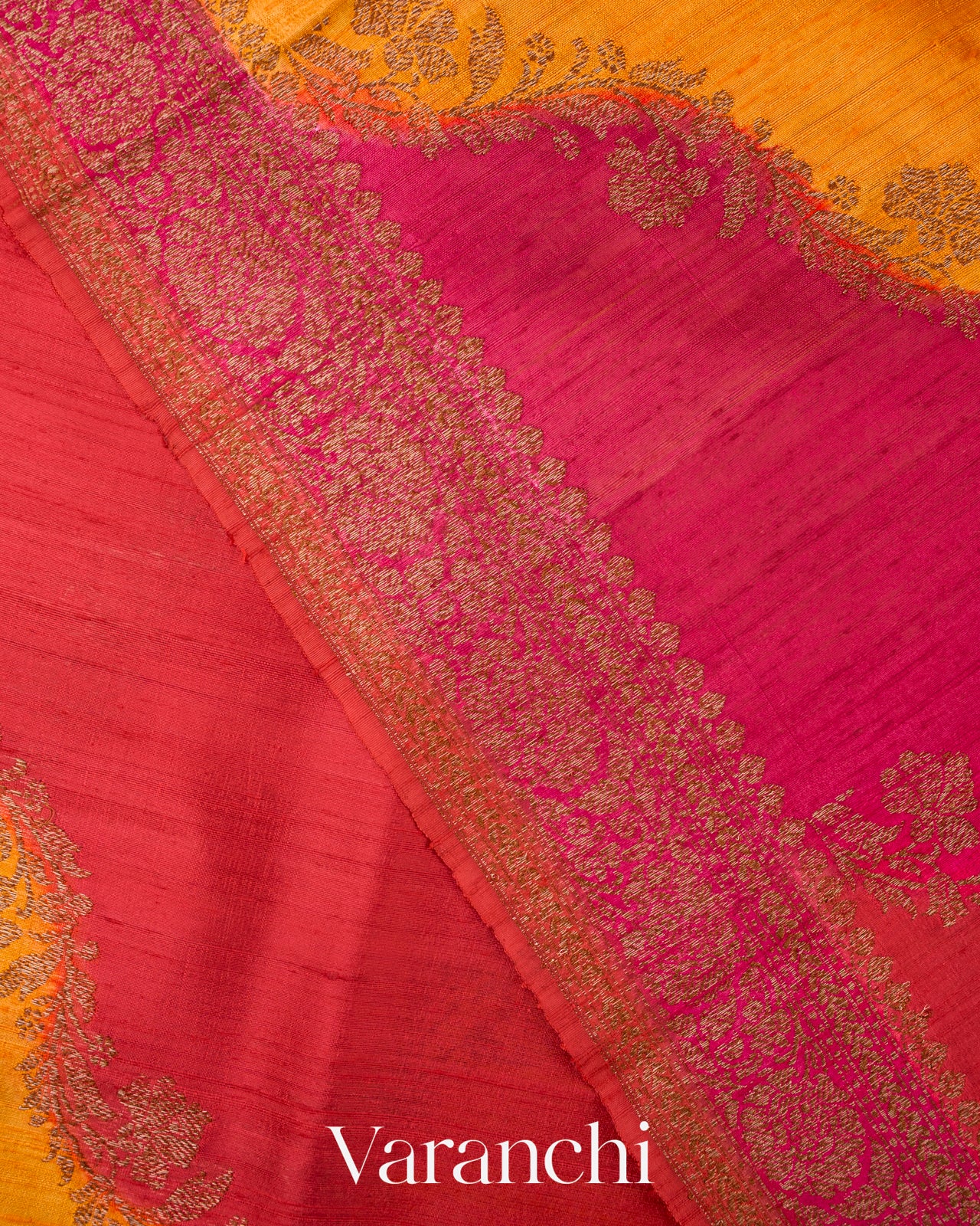 Chilli Red And Magenta Tricolour Rangkaat Pure Raw Silk Handloom Saree