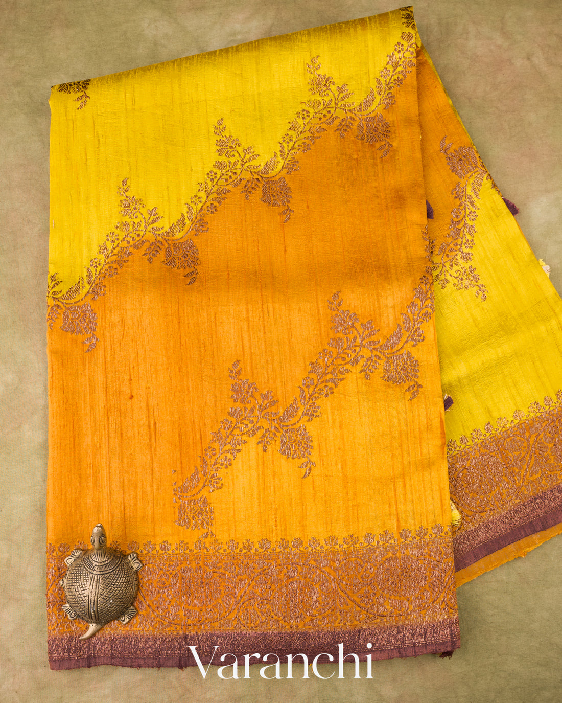 Turmeric Yellow Tricolour Rangkaat Pure Raw Silk Handloom Saree 