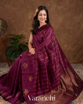 Ruby Wine Raw Silk Handloom Borderless Saree 