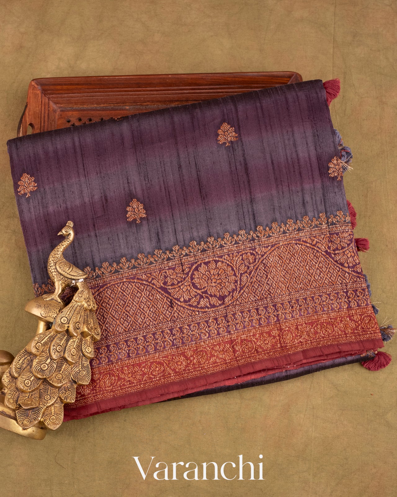 Wine Shibori with Flower Motif Pure Raw Silk Handloom Saree