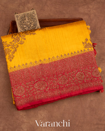 Turmeric Yellow Lehariya Pure Raw Silk Handloom Saree