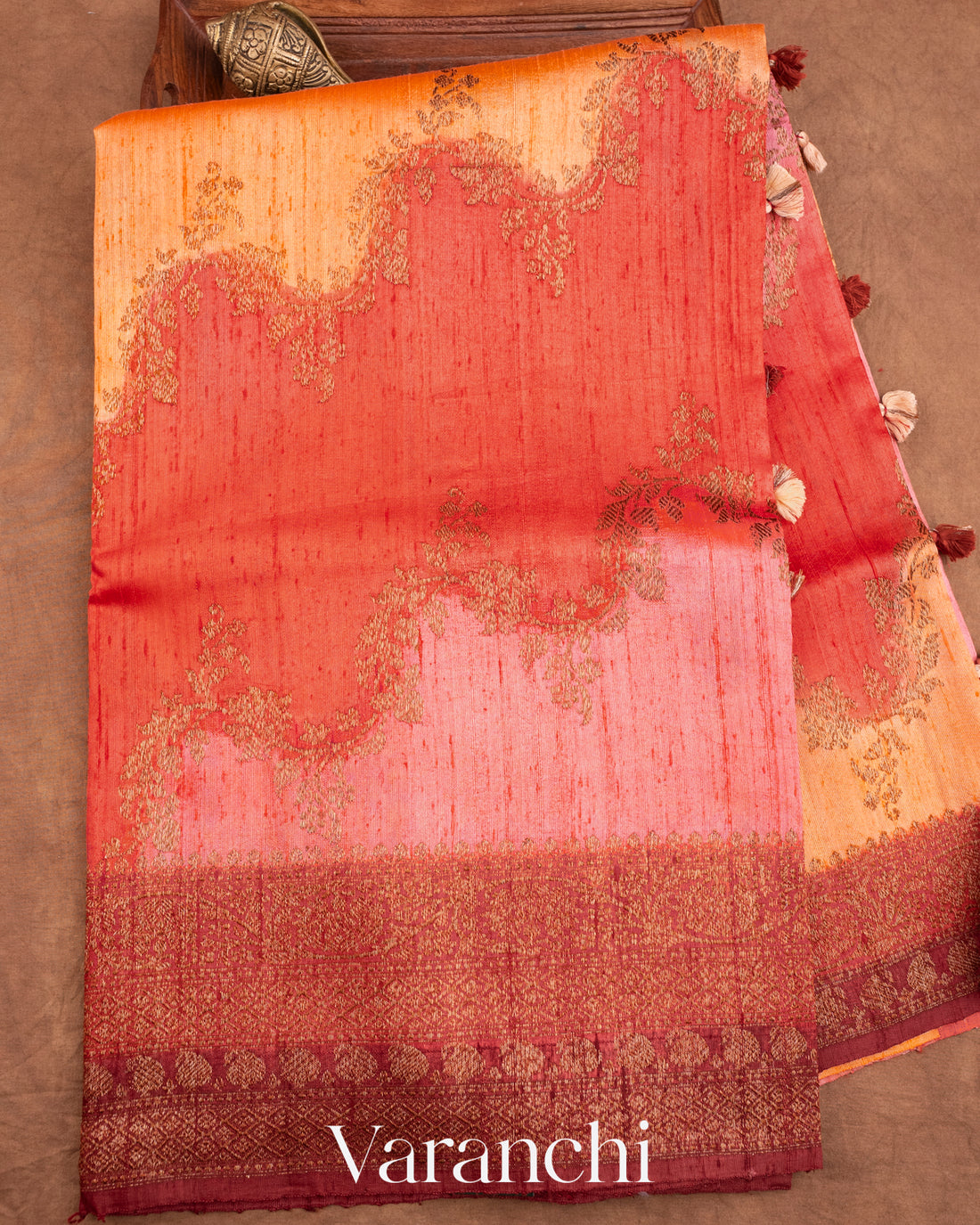 Coral and Baby Pink Tricolour Rangkaat Pure Raw Silk Handloom Saree