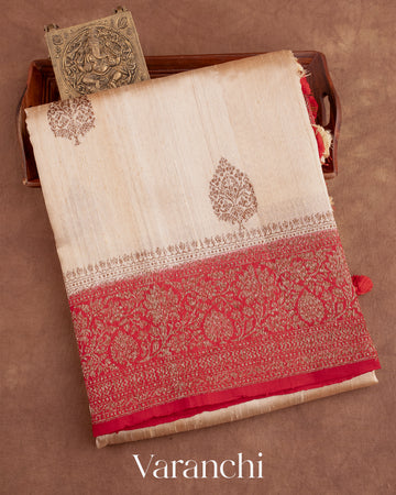 Cream Pure Raw Silk Handloom Saree