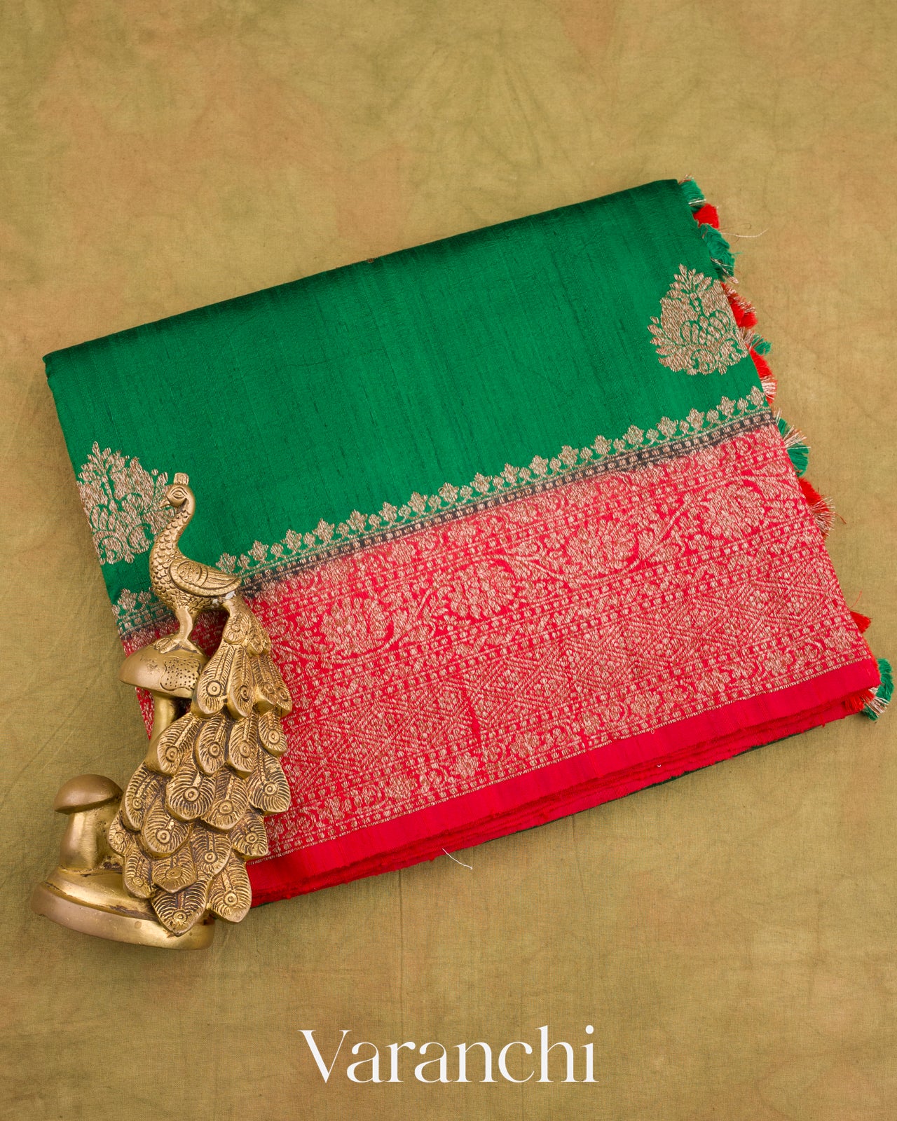 Dark Green Pure Raw Silk Handloom Saree