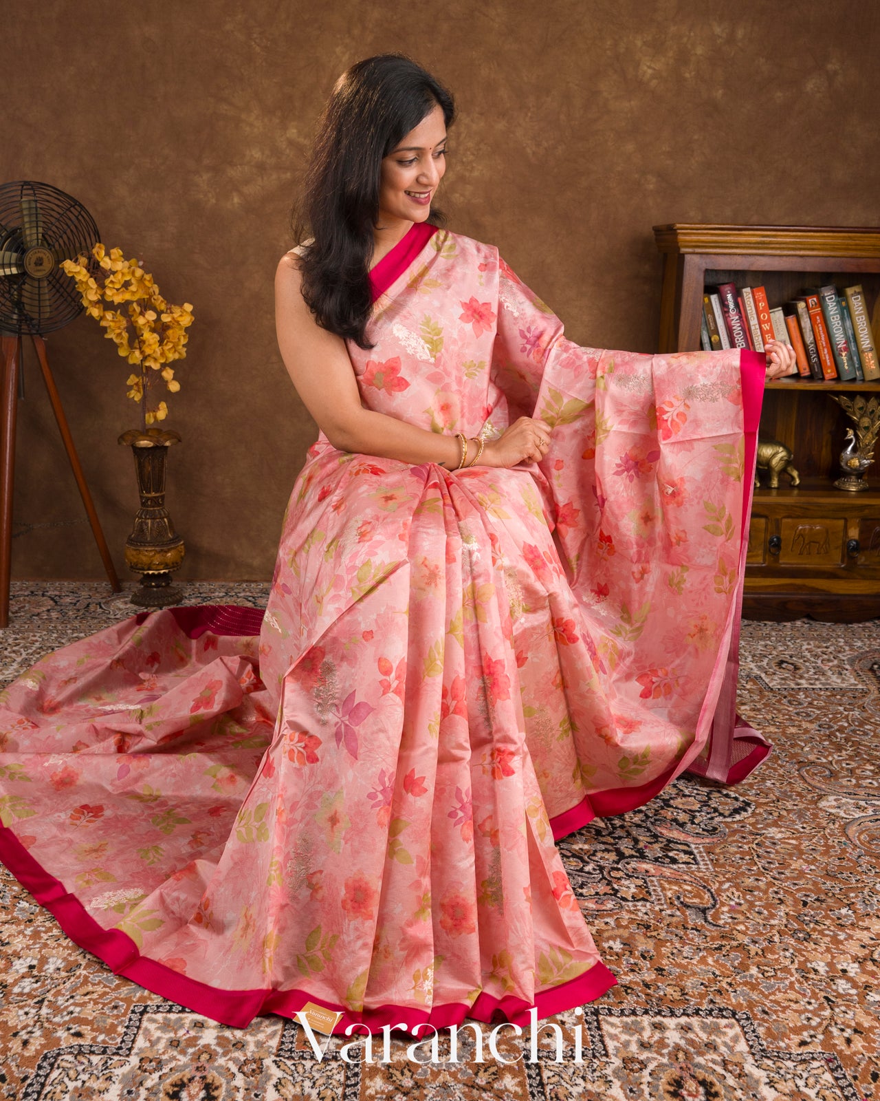 Baby Pink Floral Printed Pure Raw Mango Silk Handloom Saree