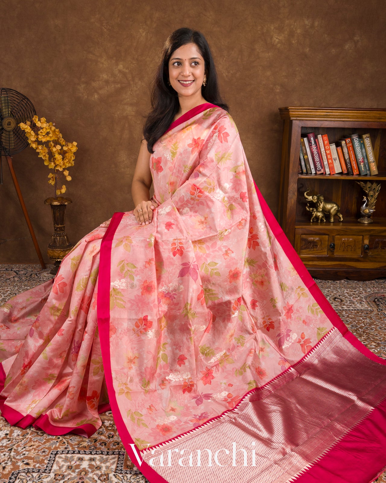 Baby Pink Floral Printed Pure Raw Mango Silk Handloom Saree