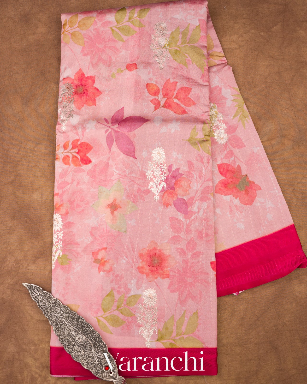 Baby Pink Floral Printed Pure Raw Mango Silk Handloom Saree
